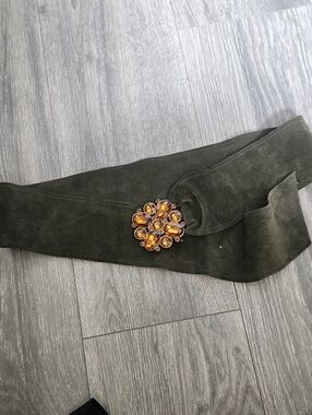 Olive Green Suede Wide Belt with Amber Gemflower Accent